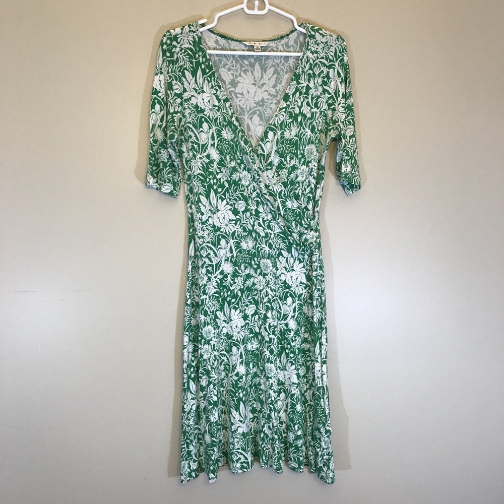 CAbi Medium Faux Wrap Green White Floral Dress